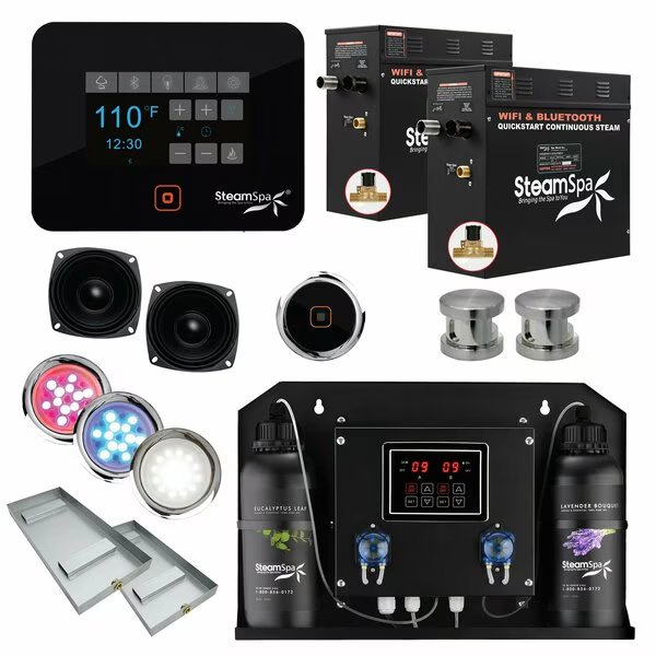 2 x 9kW QuickStart Steam Bath Generator with Dual Aroma Pump in Brushed Nickel, Steamspa, Mfr#: BKT1800BN-ADP